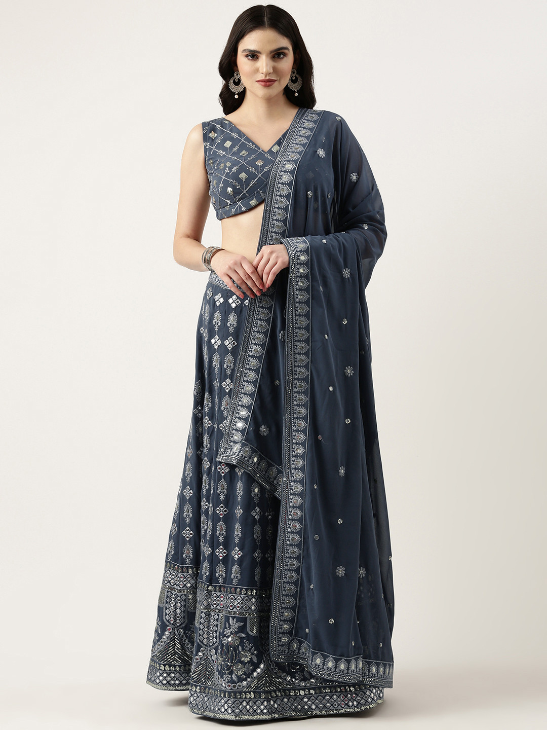 

LOOKNBOOK ART Mirror Work Semi-Stitched Lehenga & Unstitched Blouse With Dupatta, Grey