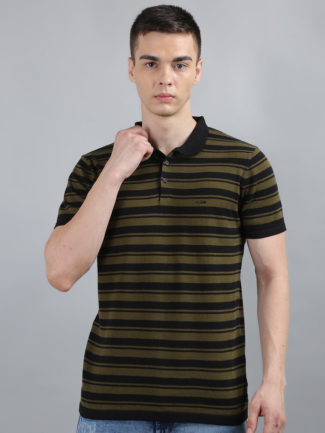 

TIM PARIS Striped Polo Collar Pure Cotton T-shirt, Black