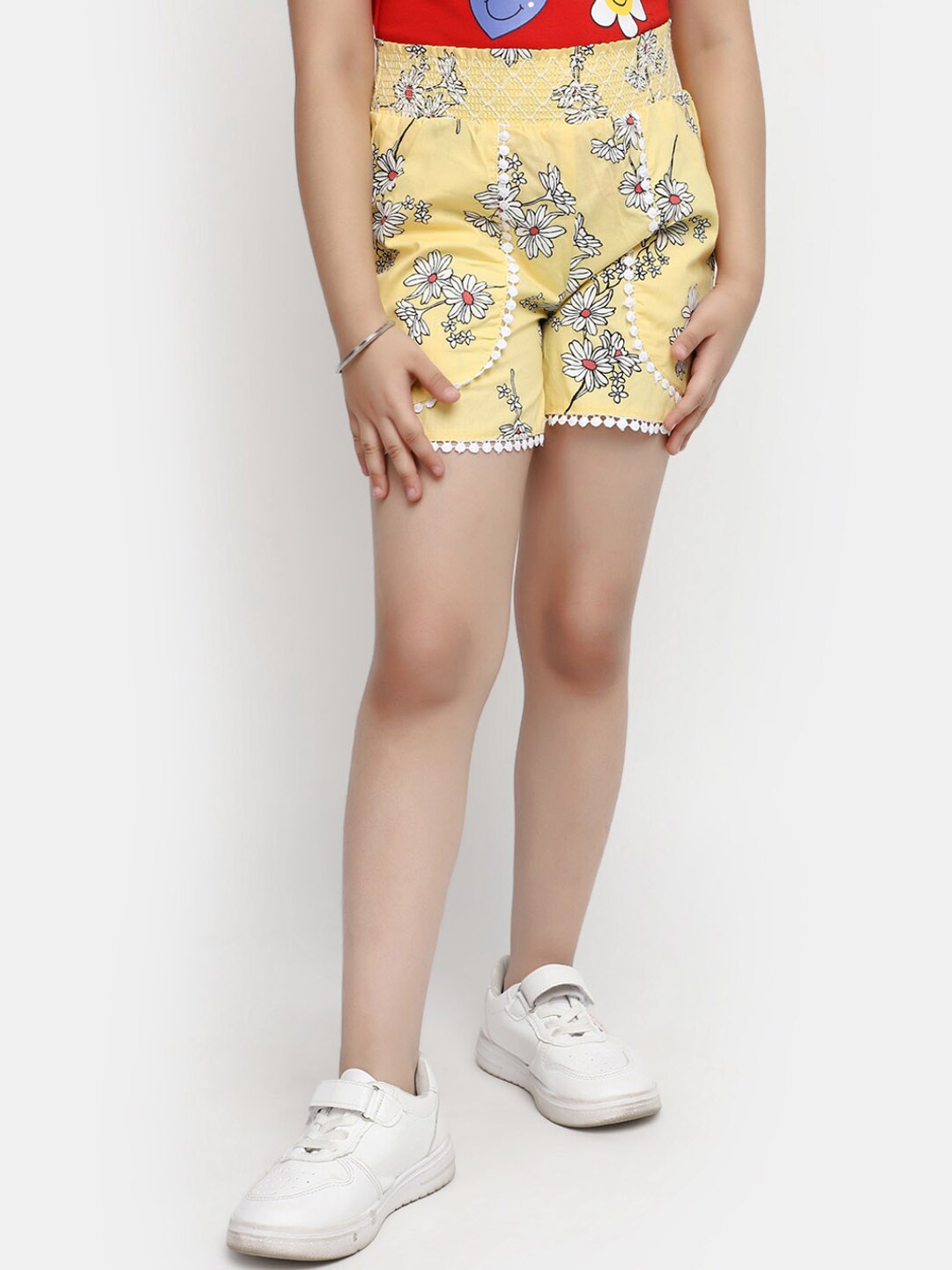 

V-Mart Girls Floral Printed Cotton Shorts, Yellow