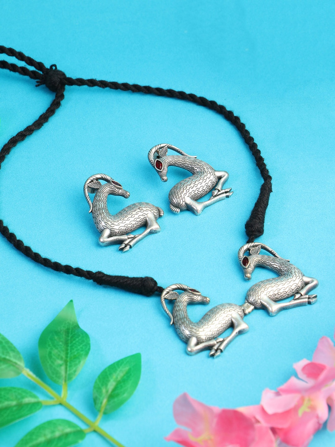

Adwitiya Collection Silver-Plated Oxidised Stone Studded Jewellery Set