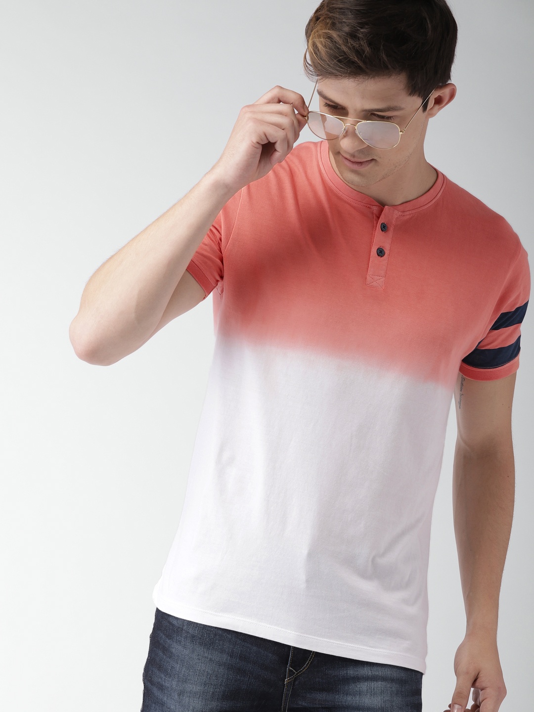 

Harvard Men Orange White Colourblocked Henley Neck Pure Cotton T-shirt