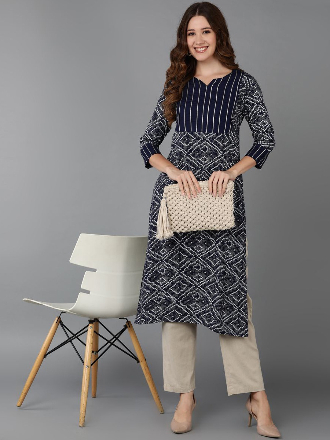 

KALINI Bandhani Printed Straight Kurta, Navy blue