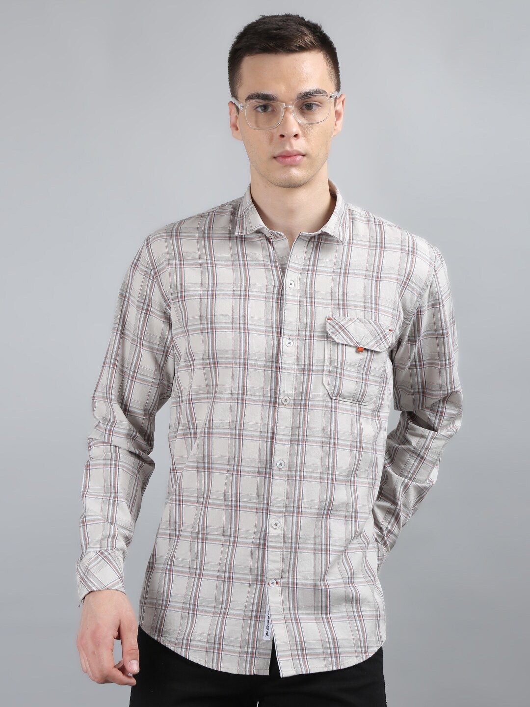 

TIM PARIS Standard Tartan Checks Opaque Pure Cotton Casual Shirt, Grey