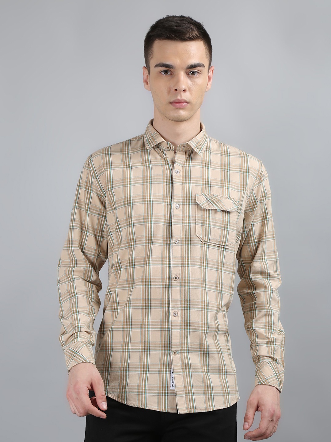 

TIM PARIS Standard Tartan Checks Opaque Pure Cotton Casual Shirt, Beige