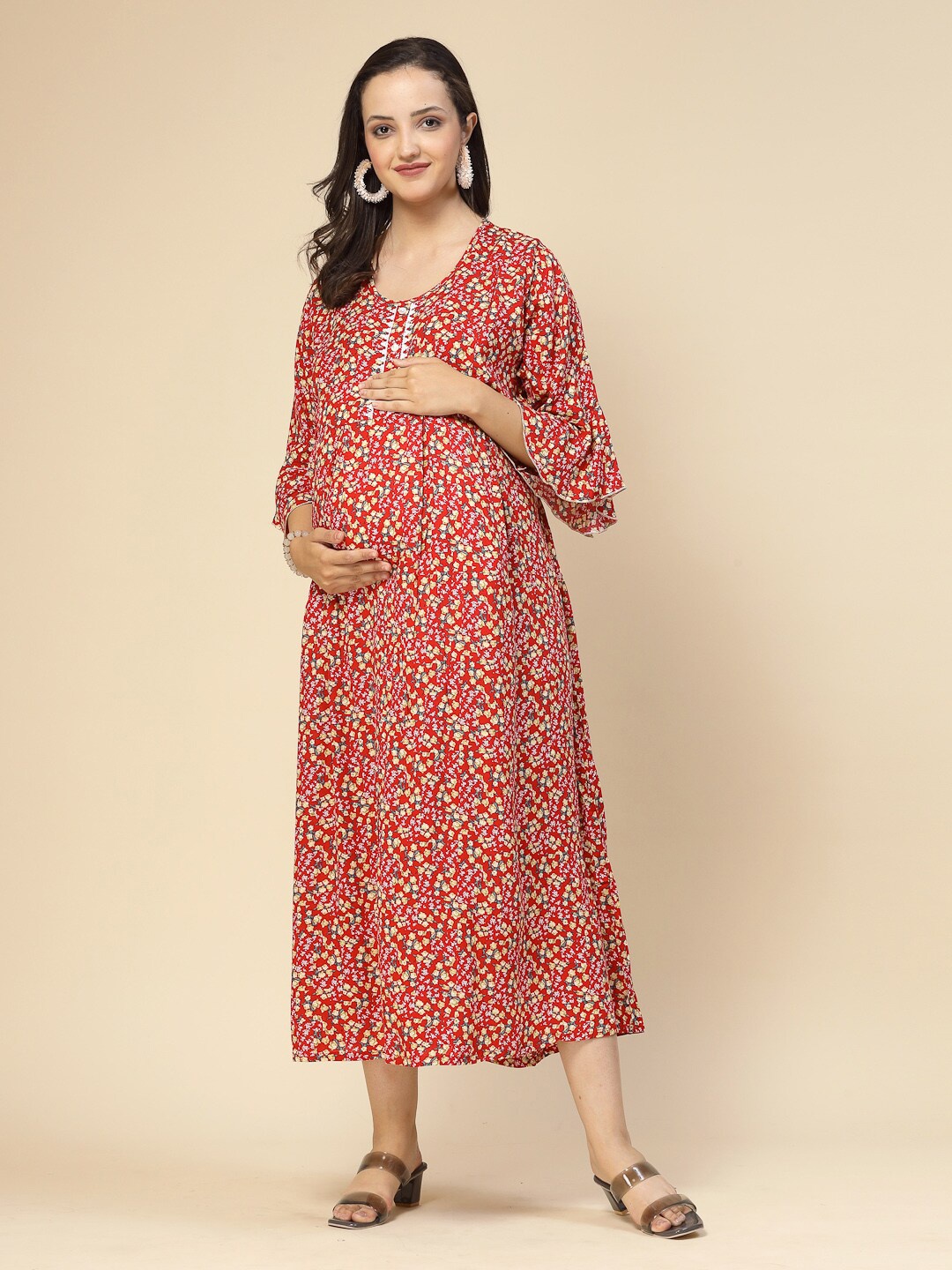 

Sweet Dreams Floral Printed Lace Maternity & Feeding Zip Midi Nightdress, Red