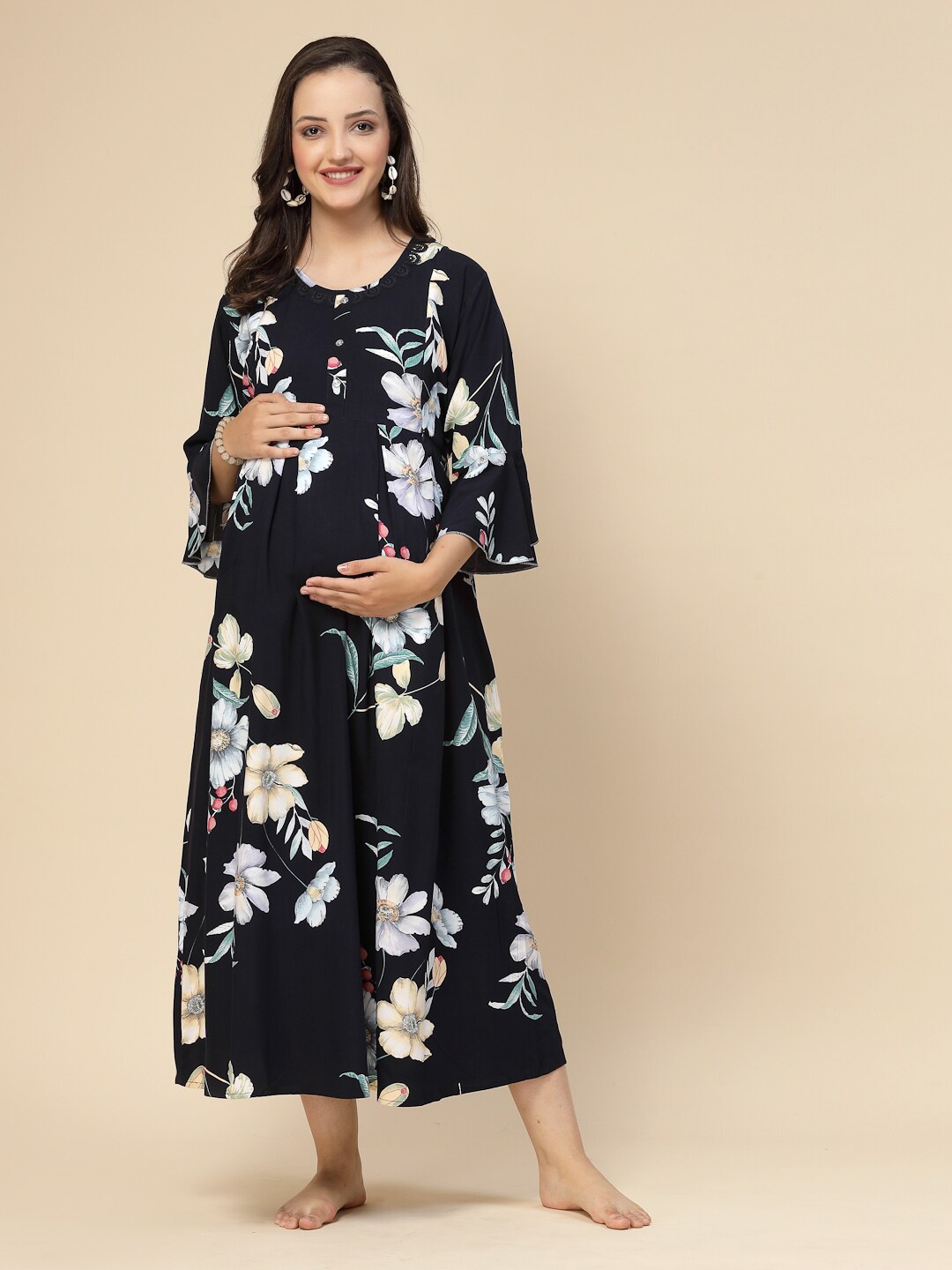 

Sweet Dreams Floral Printed Maternity & Feeding Zip Midi Nightdress, Navy blue