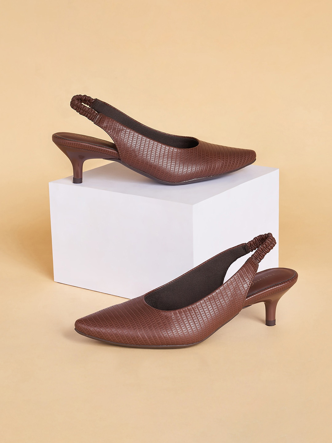 

Forever Glam by Pantaloons Textured Pointed Toe Kitten Pumps, Brown