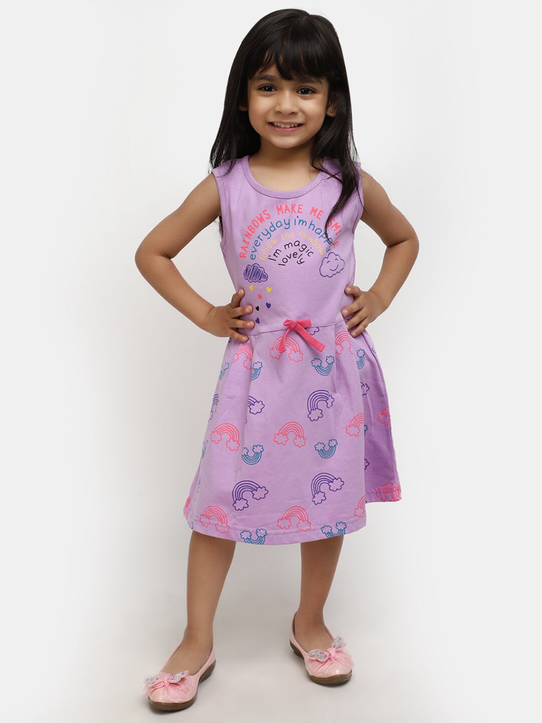 

V-Mart Girls Conversational Printed Round Neck Sleeveless Cotton A-Line Dress, Purple