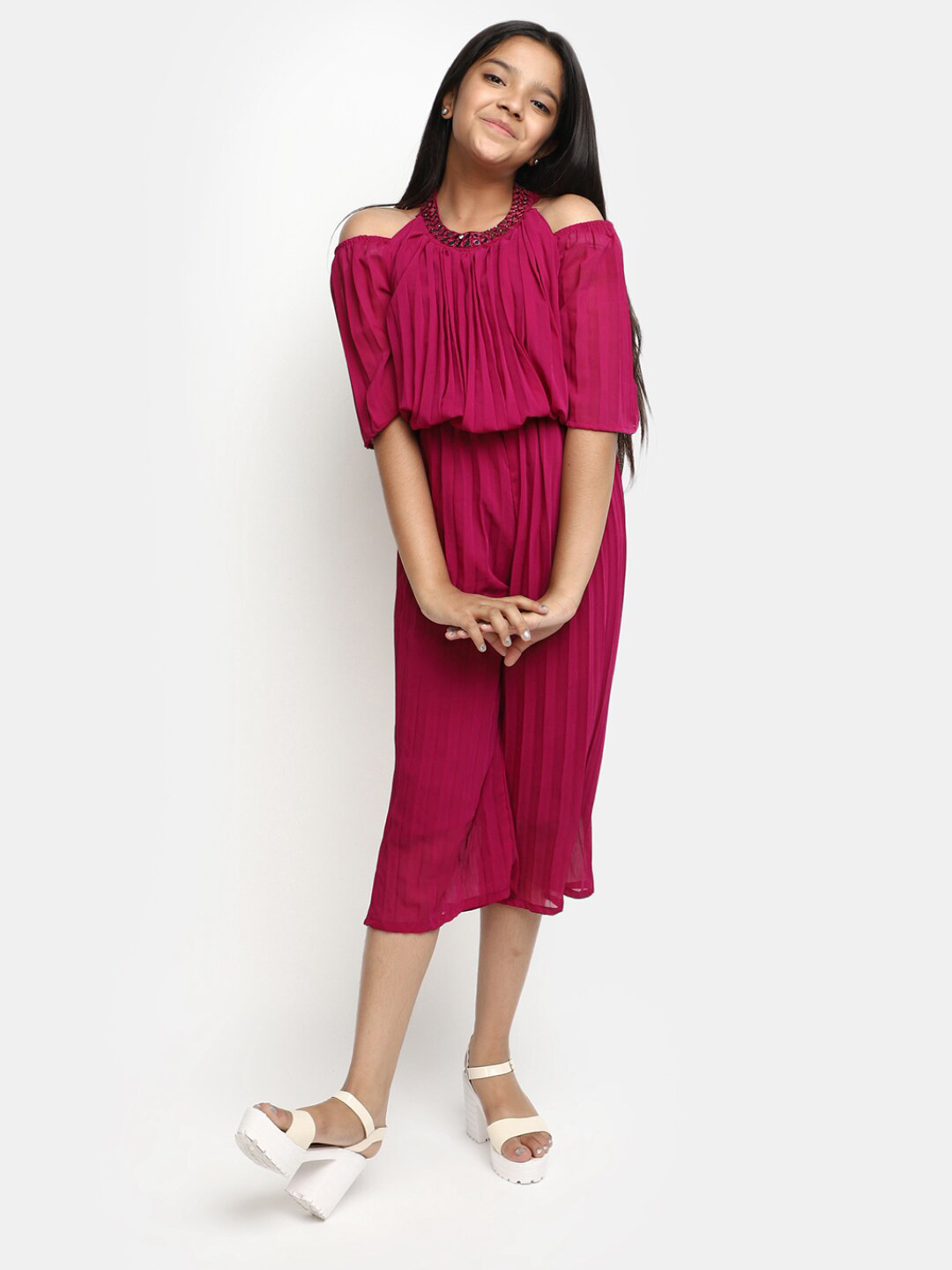

V-Mart Girls Cold-Shoulder Halter Neck Cotton Dress, Maroon