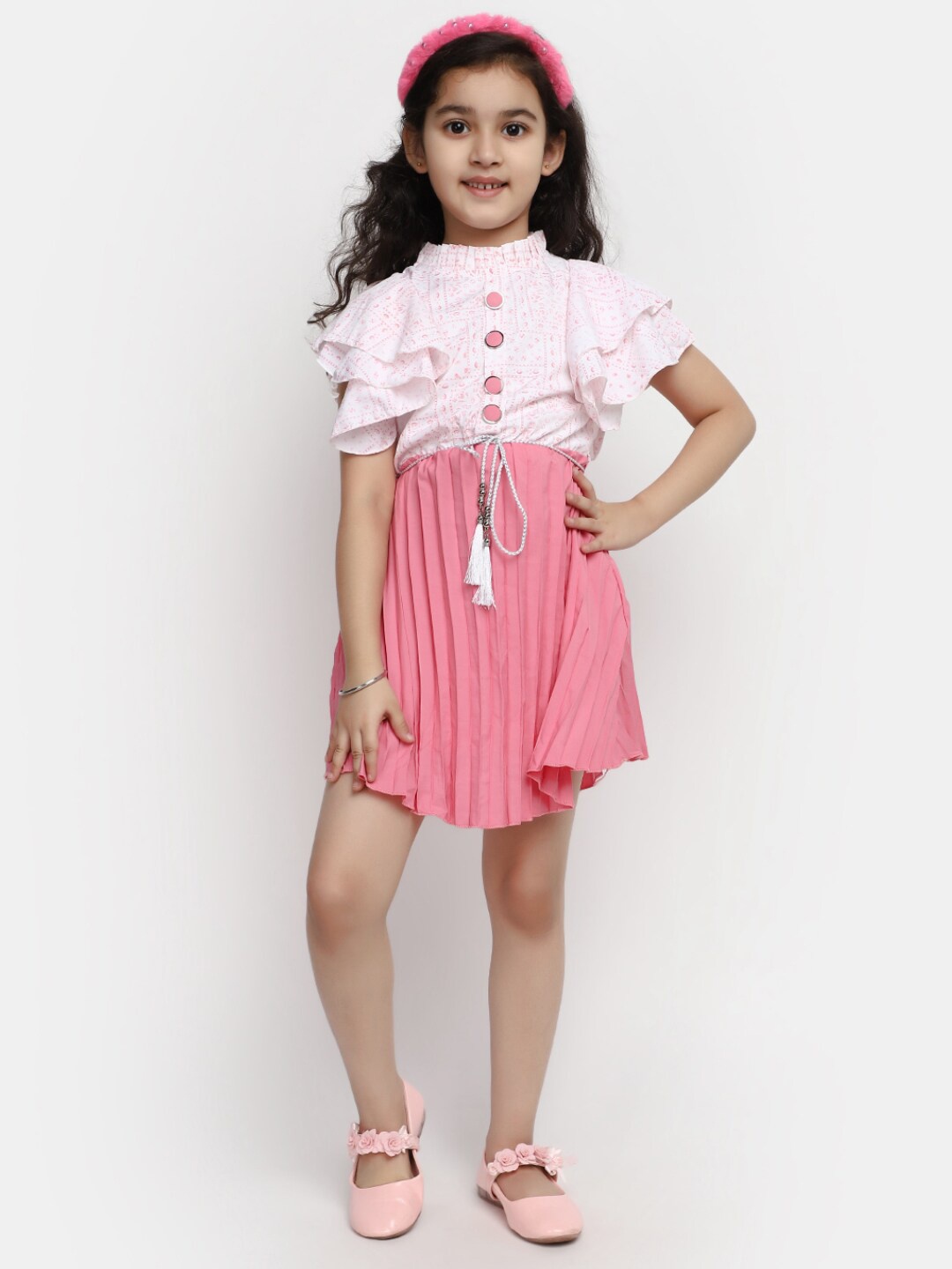 

V-Mart Girls Ethnic Motifs Printed High Neck Flutter Sleeves Cotton Fit & Flare Dress, Pink