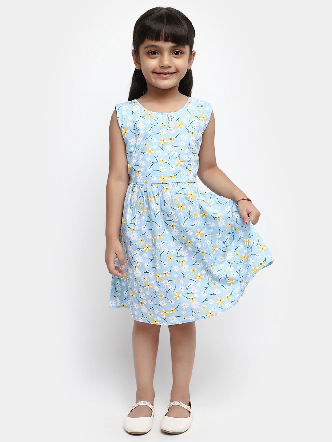 

V-Mart Girls Floral Printed Round Neck A-Line Dress, Blue
