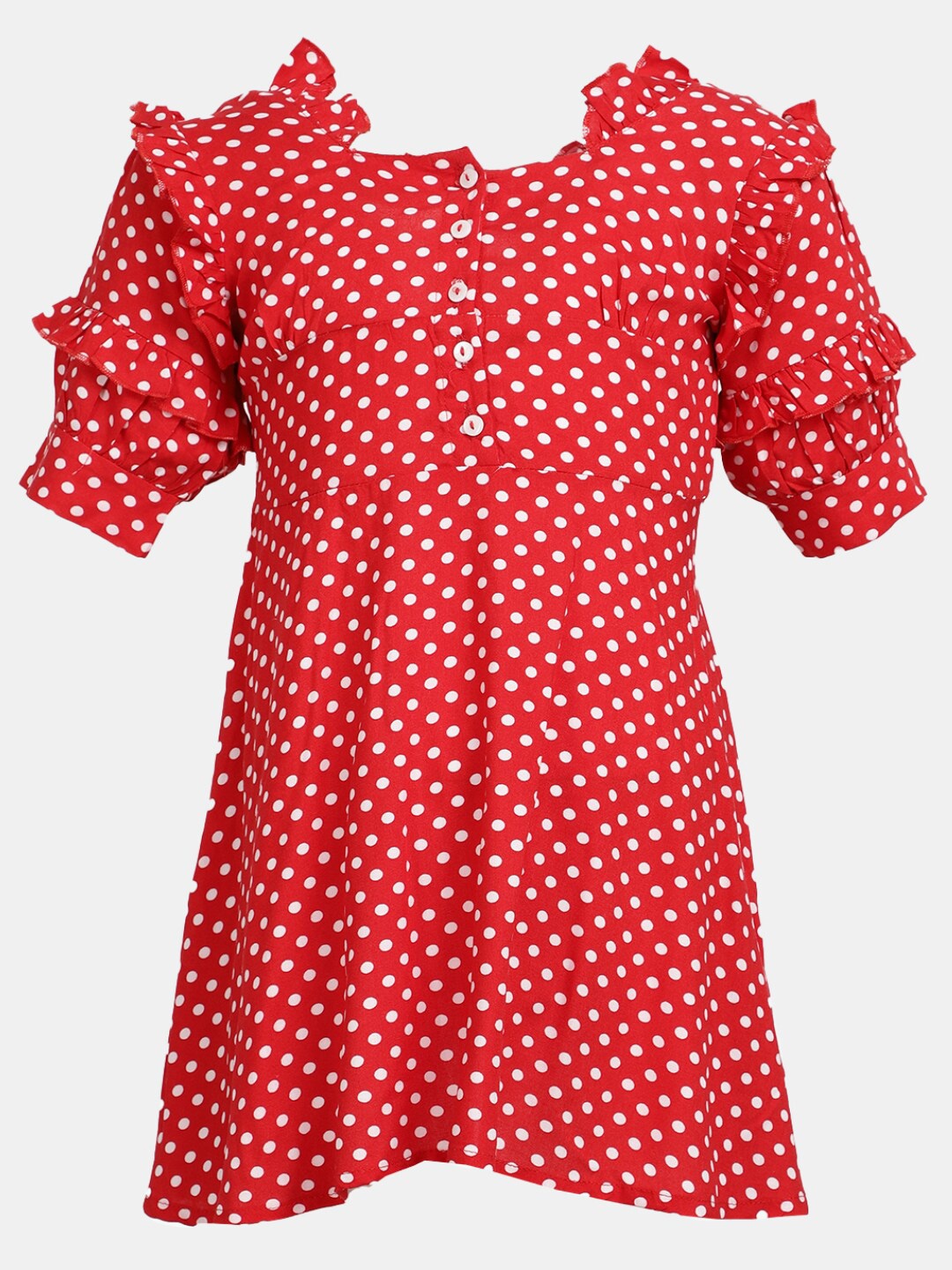 

V-Mart Girls Polka Dots Printed Puff Sleeves Cotton A-Line Dress, Red