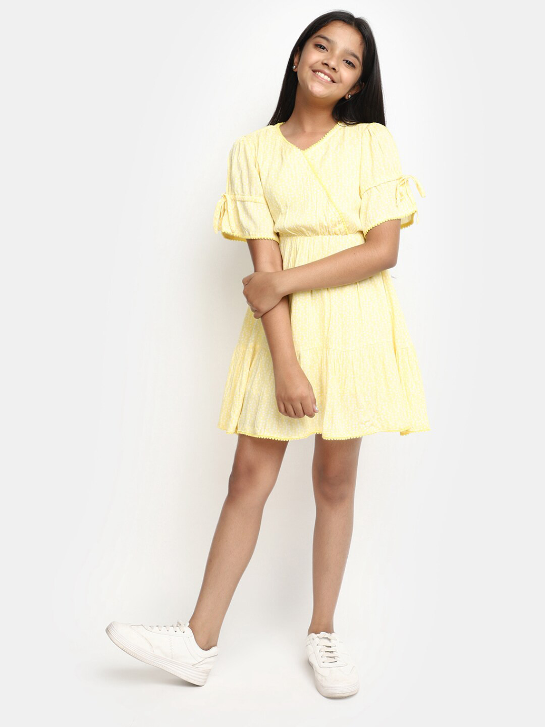 

V-Mart Girls Abstract Printed Bell Sleeves Cotton Fit & Flare Dress, Yellow