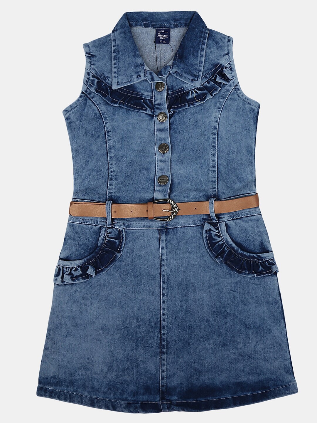 

V-Mart Girls Shirt Collar Belted Cotton A-Line Dress, Blue