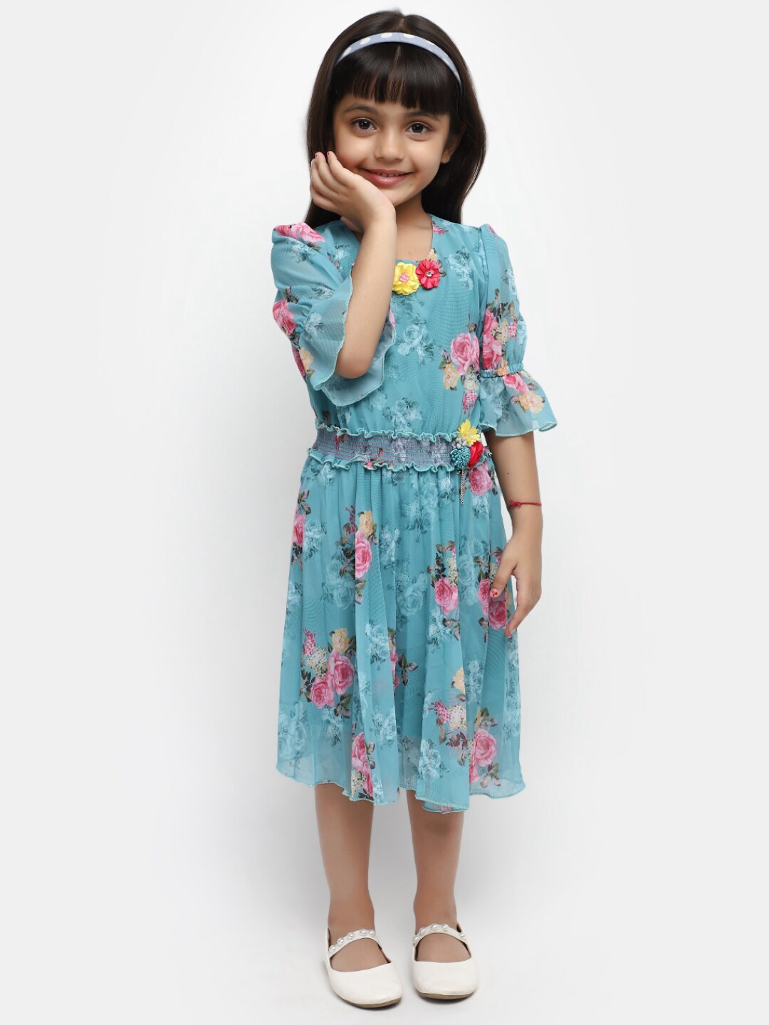 

V-Mart Girls Floral Printed Corsage Detailed Puff Sleeves A-Line Dress, Green