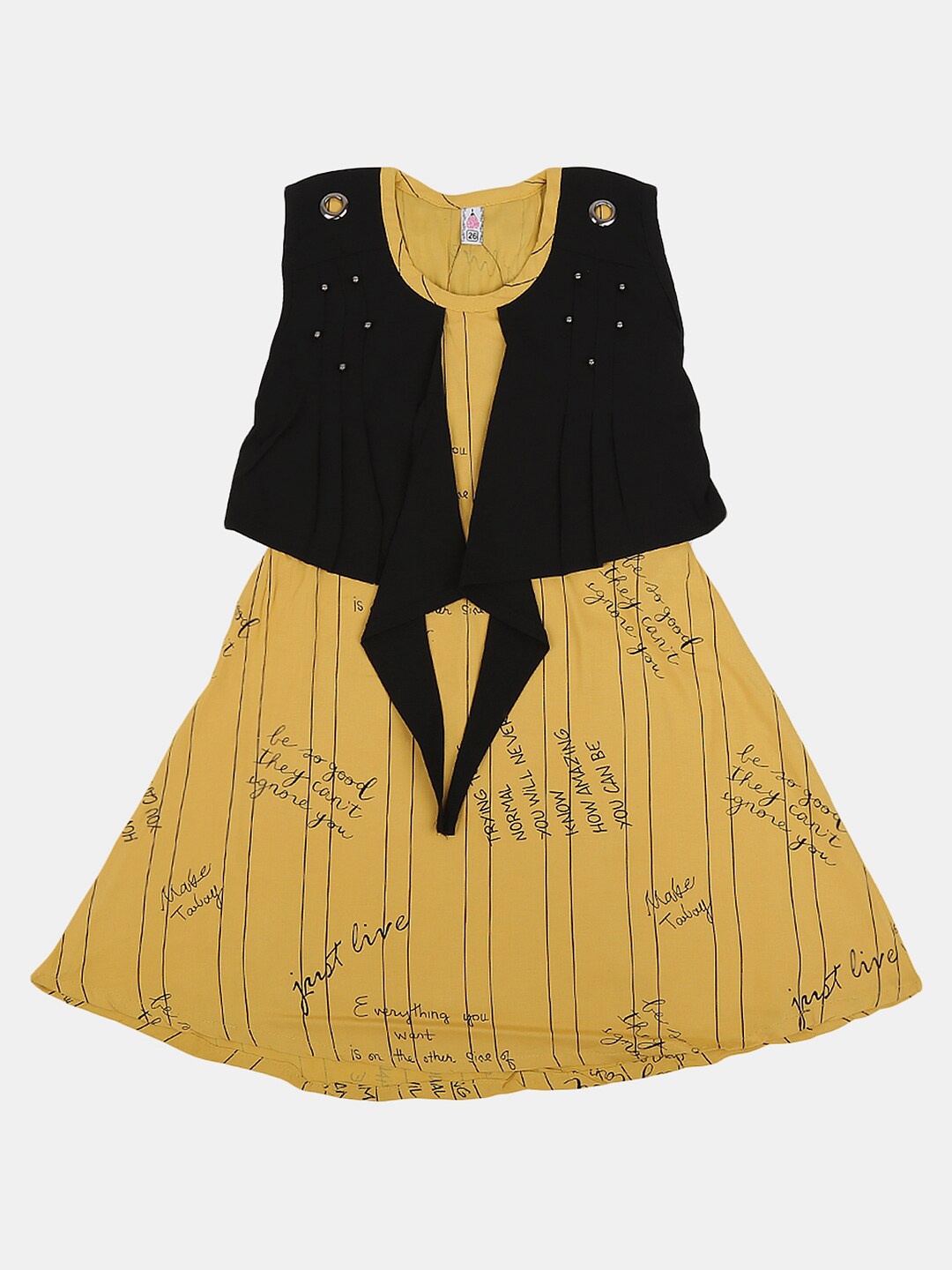 

V-Mart Girls Typography Printed Cotton Fit & Flare Dress, Gold