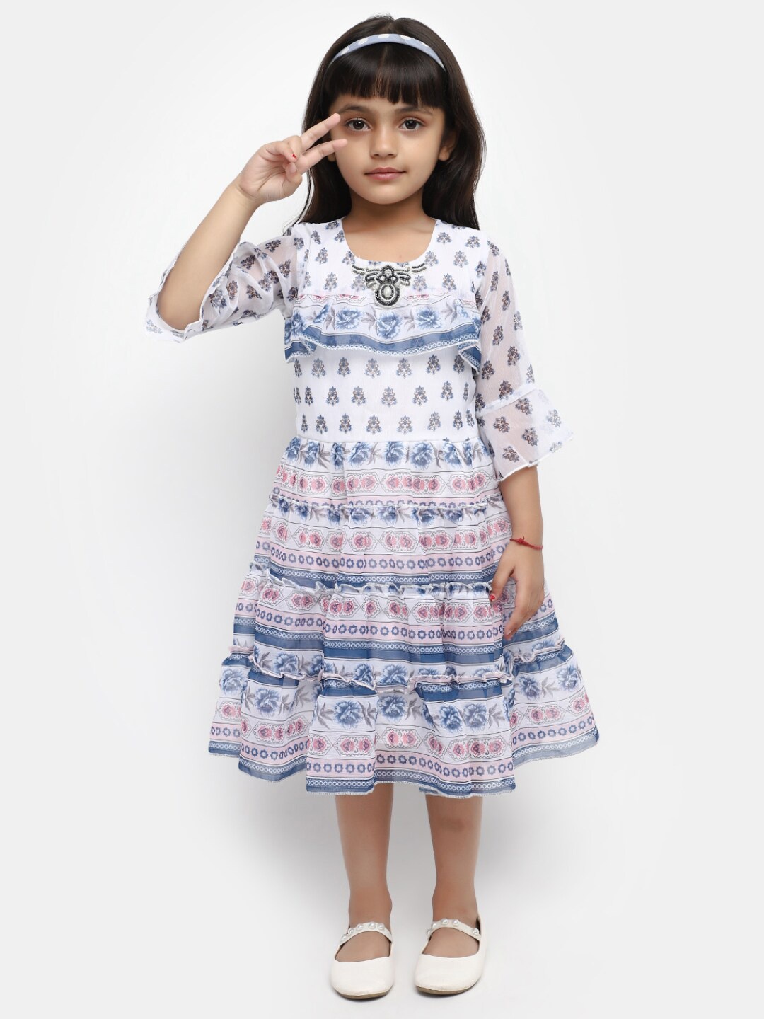 

V-Mart Ethnic Printed Round Neck Bell Sleeve Cotton Fit & Flare Midi Dress, White