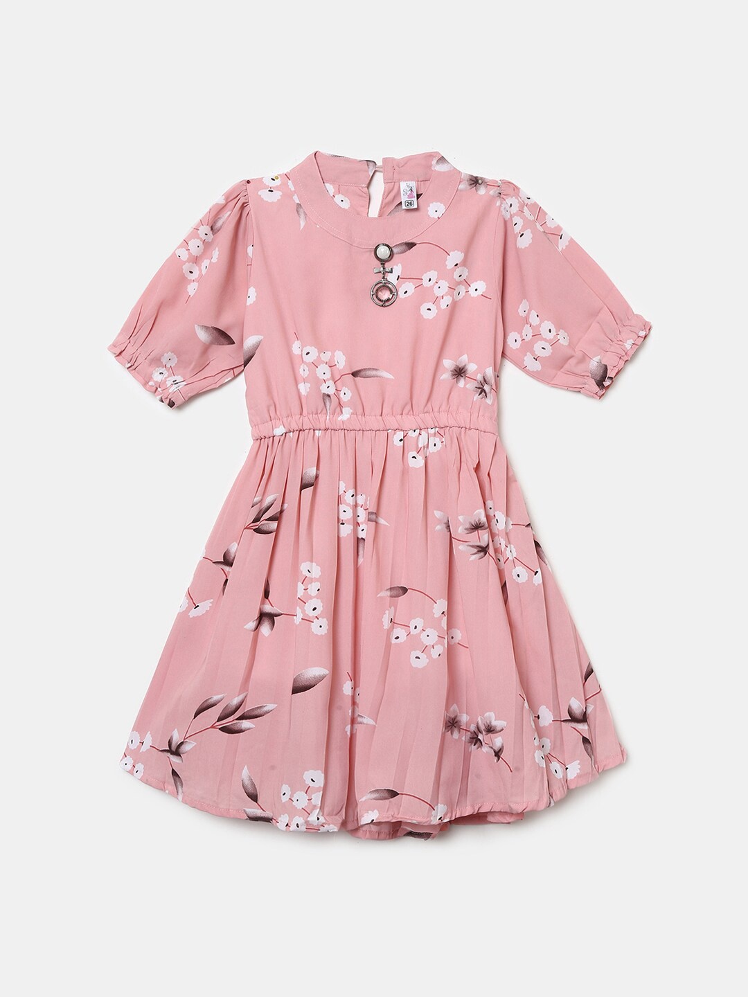 

V-Mart Girls Floral Printed Puffed Sleeves Cotton Fit & Flare Dress, Pink