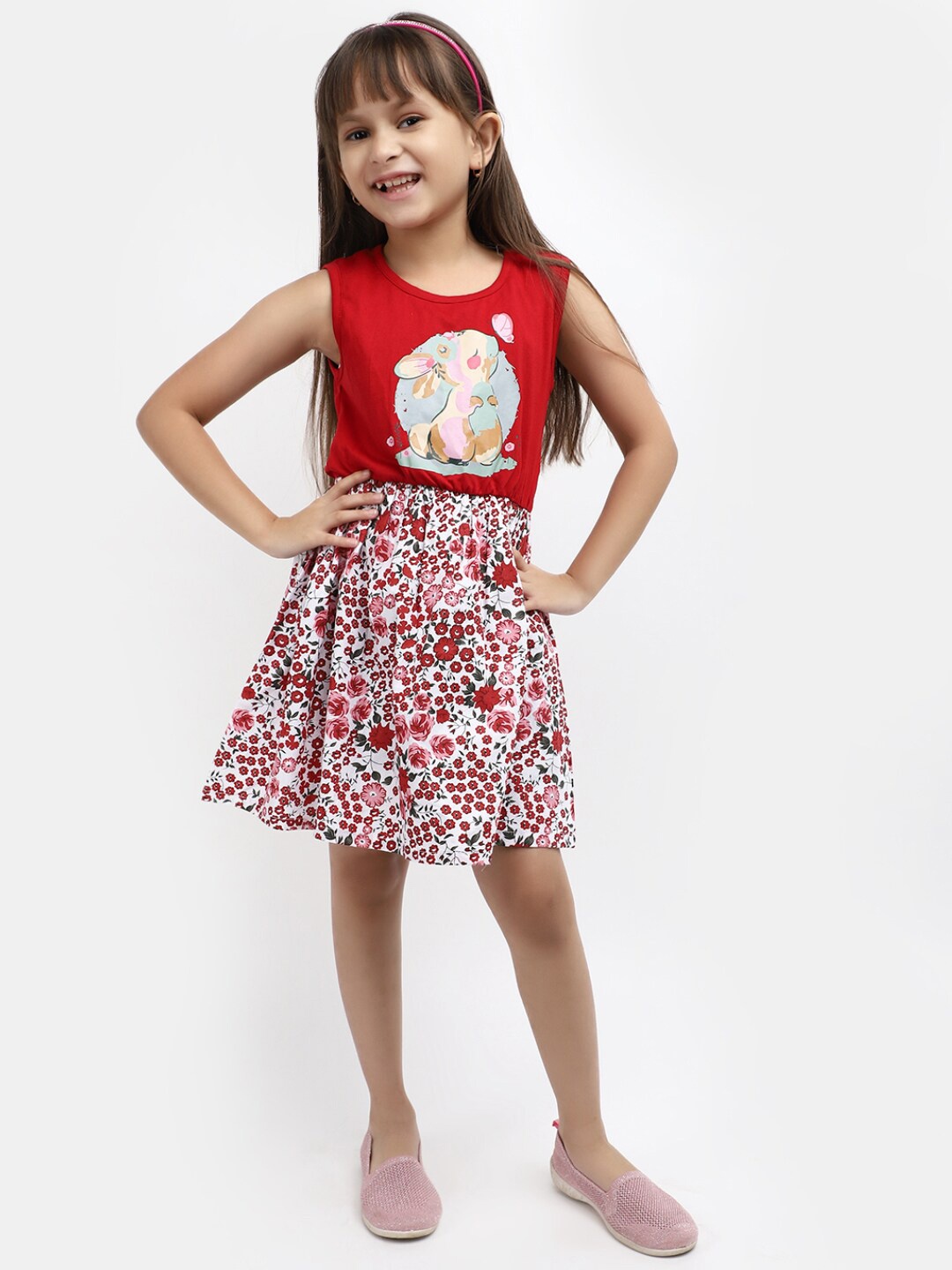 

V-Mart Girls Floral Printed Cotton Fit & Flare Dress, Pink