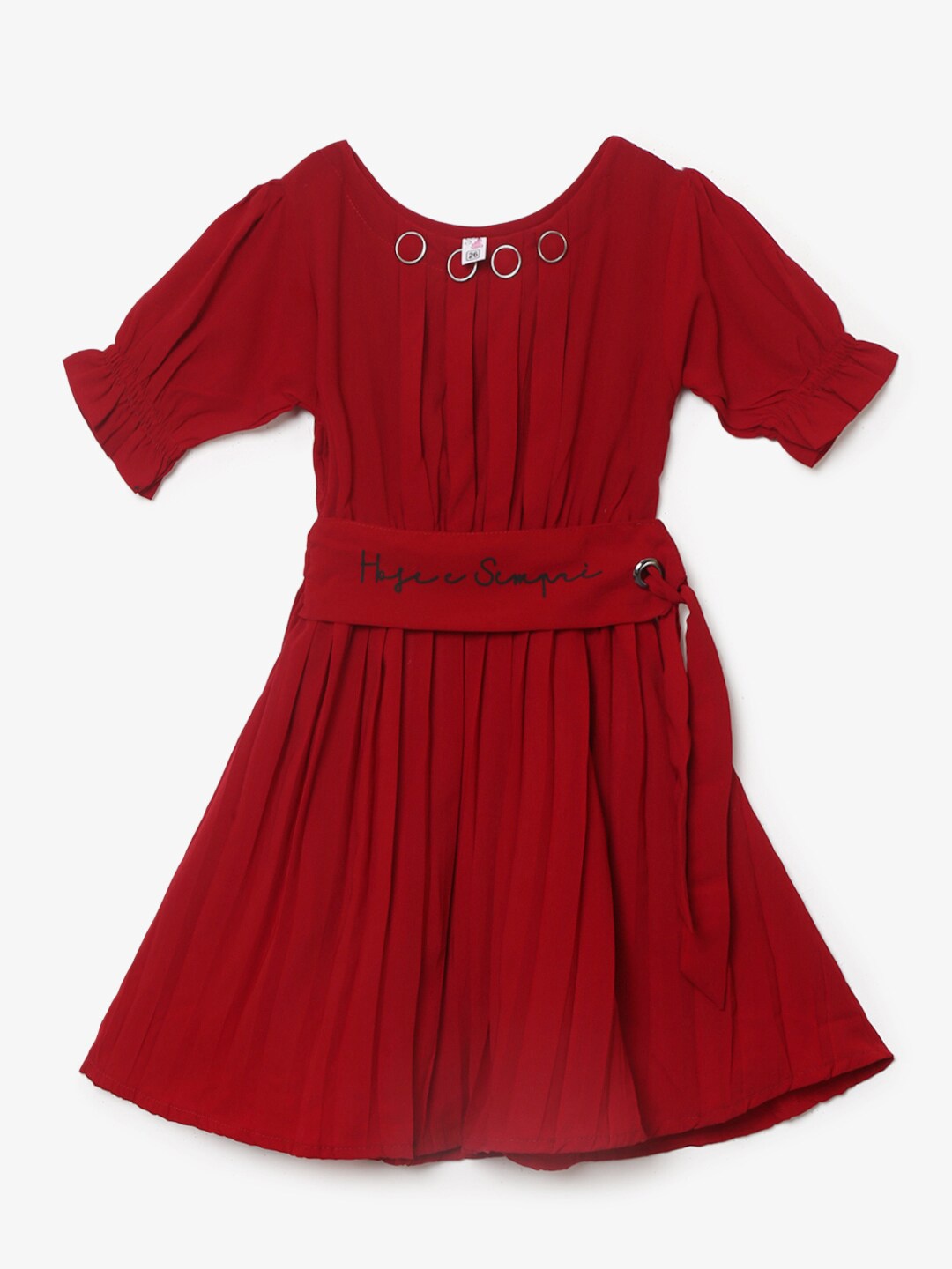 

V-Mart Girls Accordion Pleated Puff Sleeves Belted Cotton Fit & Flare Dress, Maroon