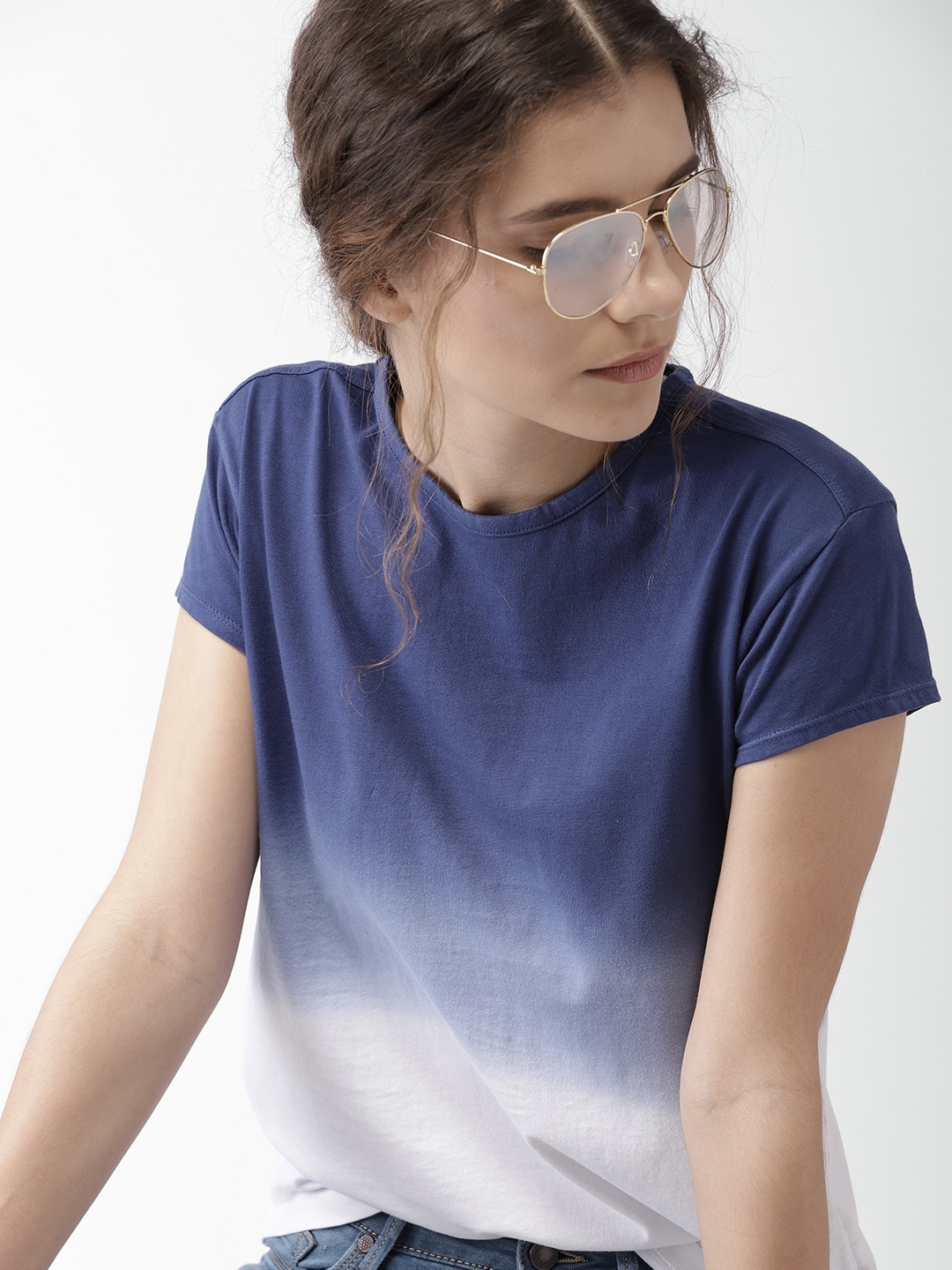 

Harvard Women Blue & White Ombre-Dyed Round Neck T-shirt