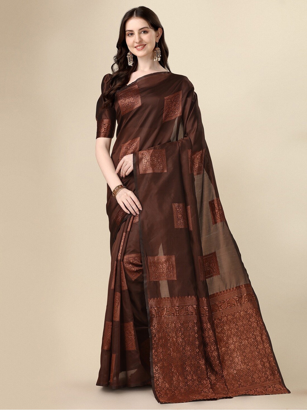 

Fashion Basket Ethnic Motifs Woven Design Zari Art Silk Saree, Brown