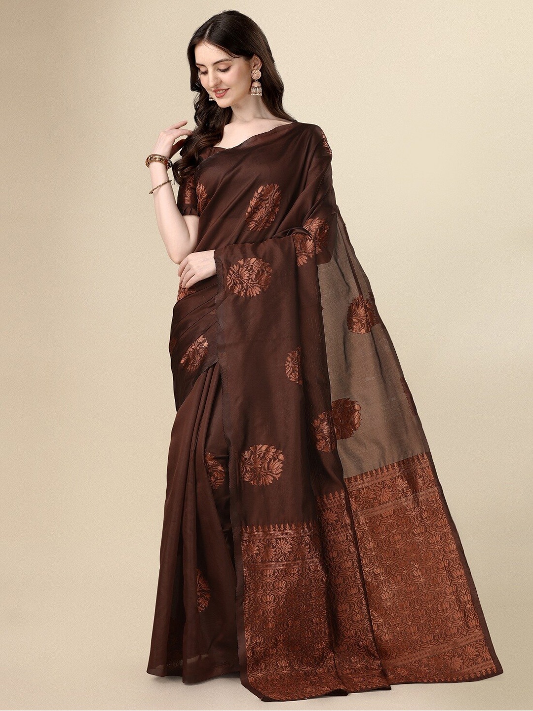 

Fashion Basket Floral Woven Design Zari Saree, Brown