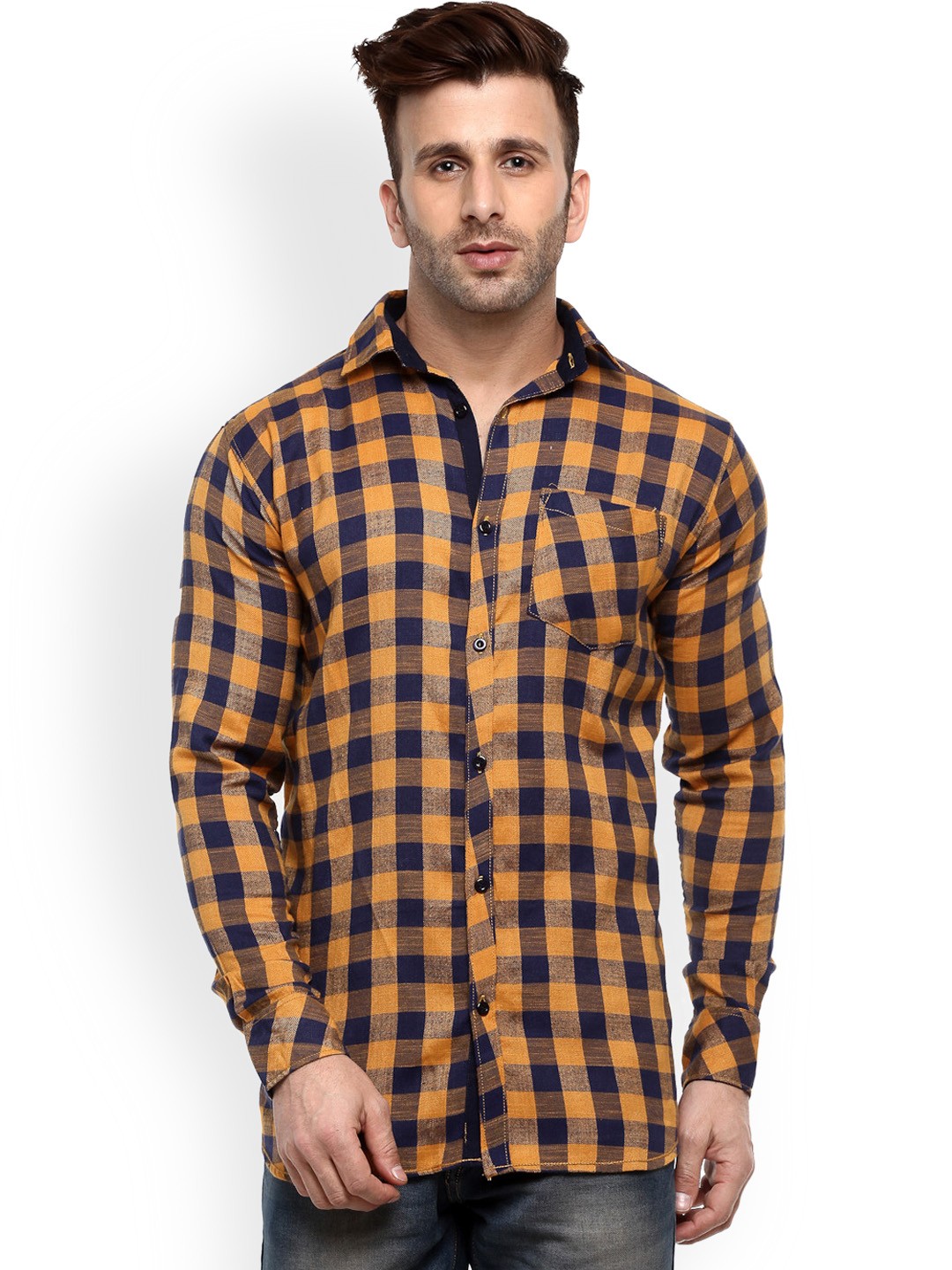 

Hangup Men Yellow & Navy Blue Regular Fit Checked Casual Shirt