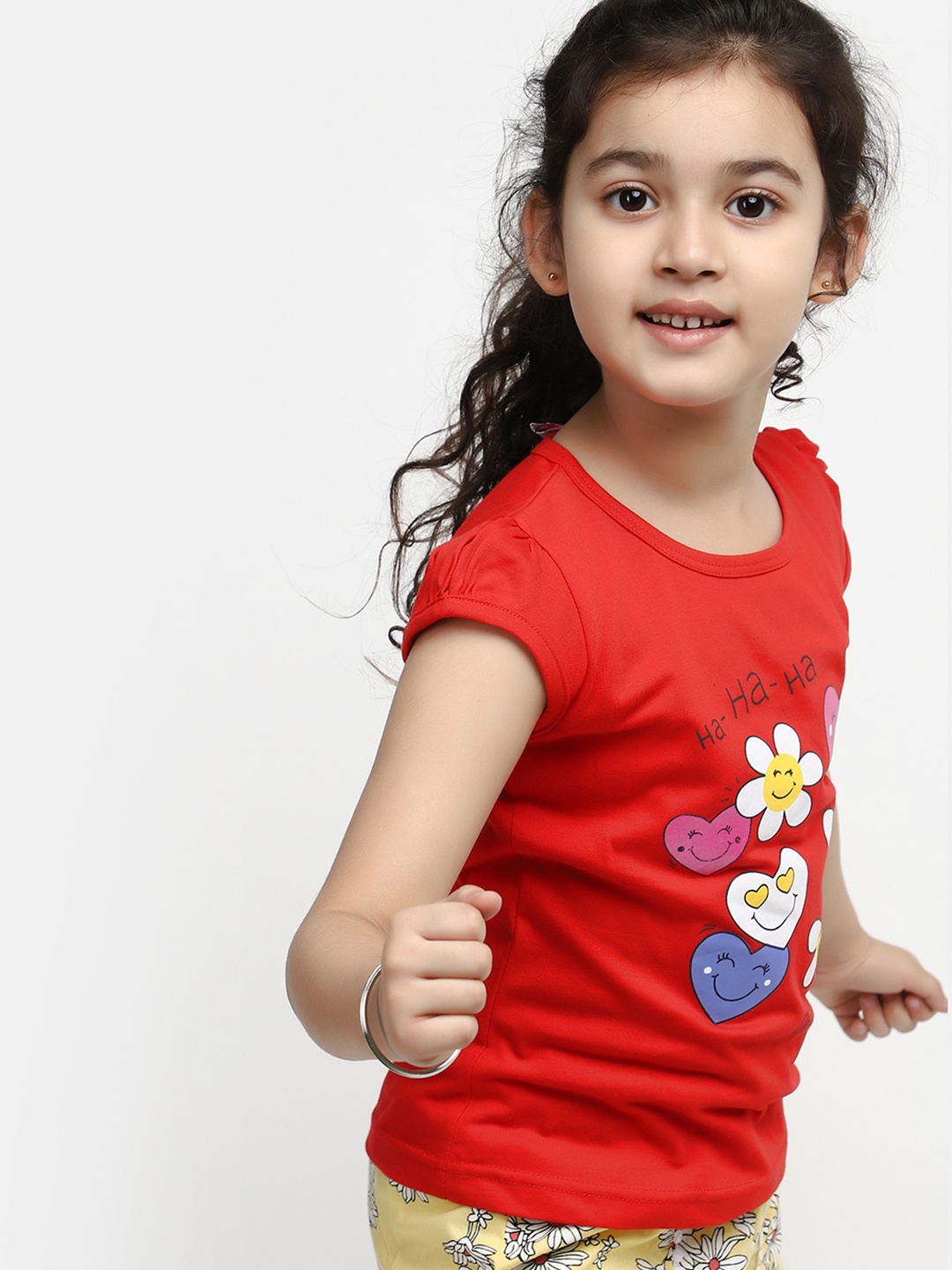 

V-Mart Girls Floral Printed Cap Sleeves Cotton T-shirt, Red