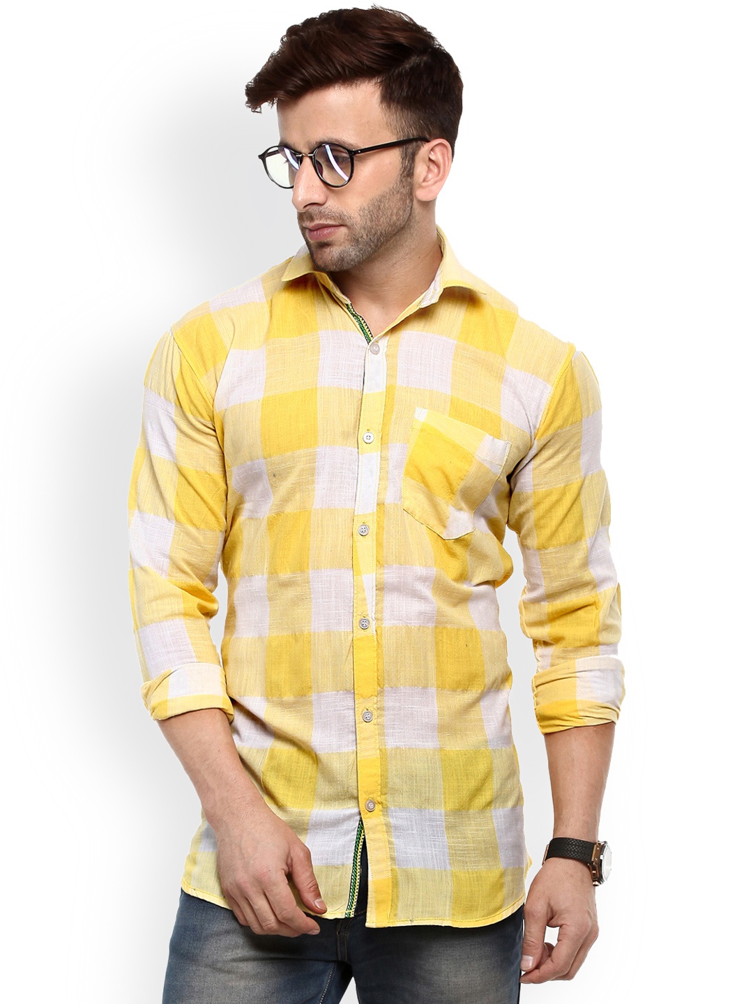 

Hangup Men Yellow & White Regular Fit Checked Casual Shirt