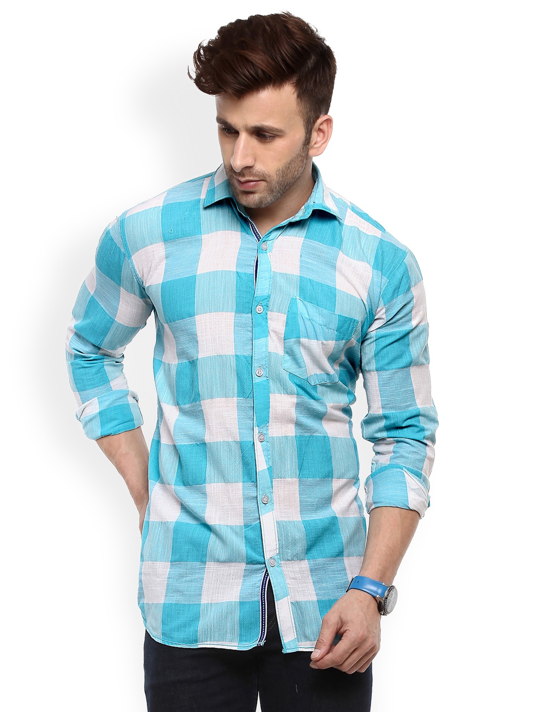 

Hangup Men Blue & White Regular Fit Checked Casual Shirt