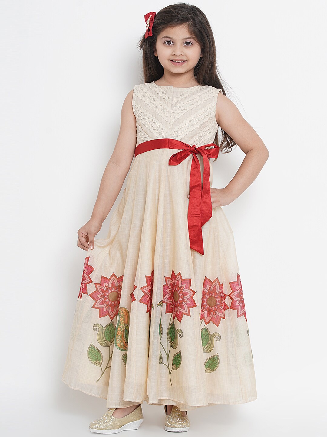 

Bitiya by Bhama Girls Floral Printed Pure Cotton Fit & Flare Maxi Dress, Beige