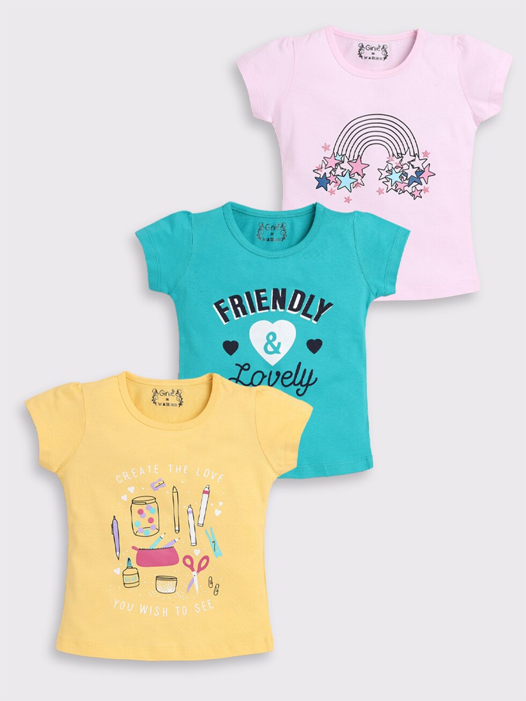 

Ginie Girls Pack Of 3 Conversational Printed Cotton T-shirt, Yellow