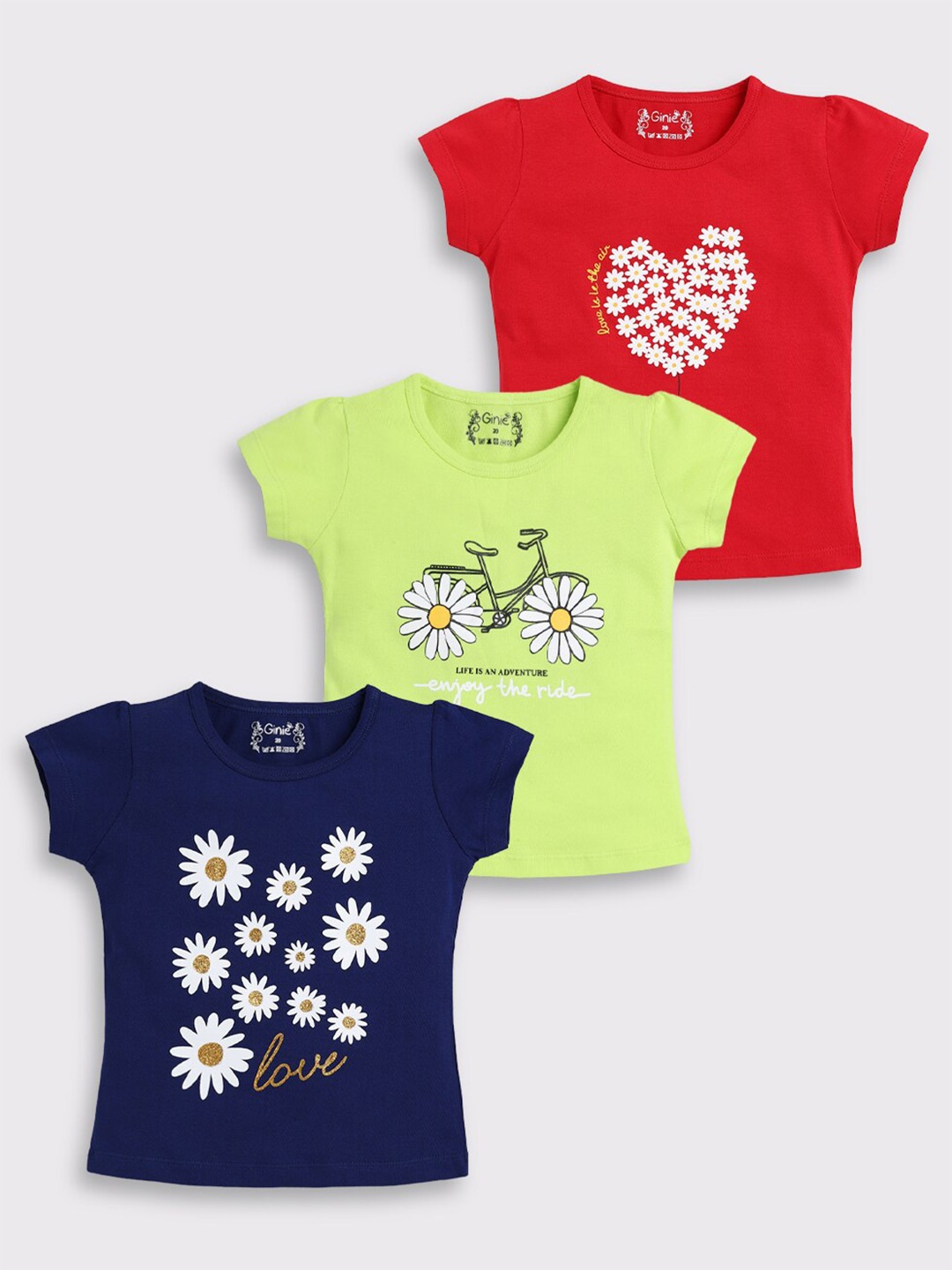 

Ginie Girls Pack Of 3 Floral Printed Cotton T-shirt, Navy blue