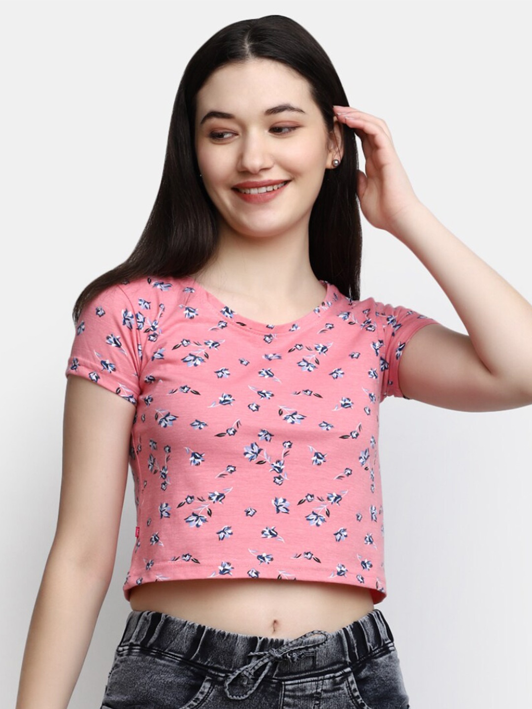 

V-Mart Floral Printed Cotton Crop T-Shirt, Pink
