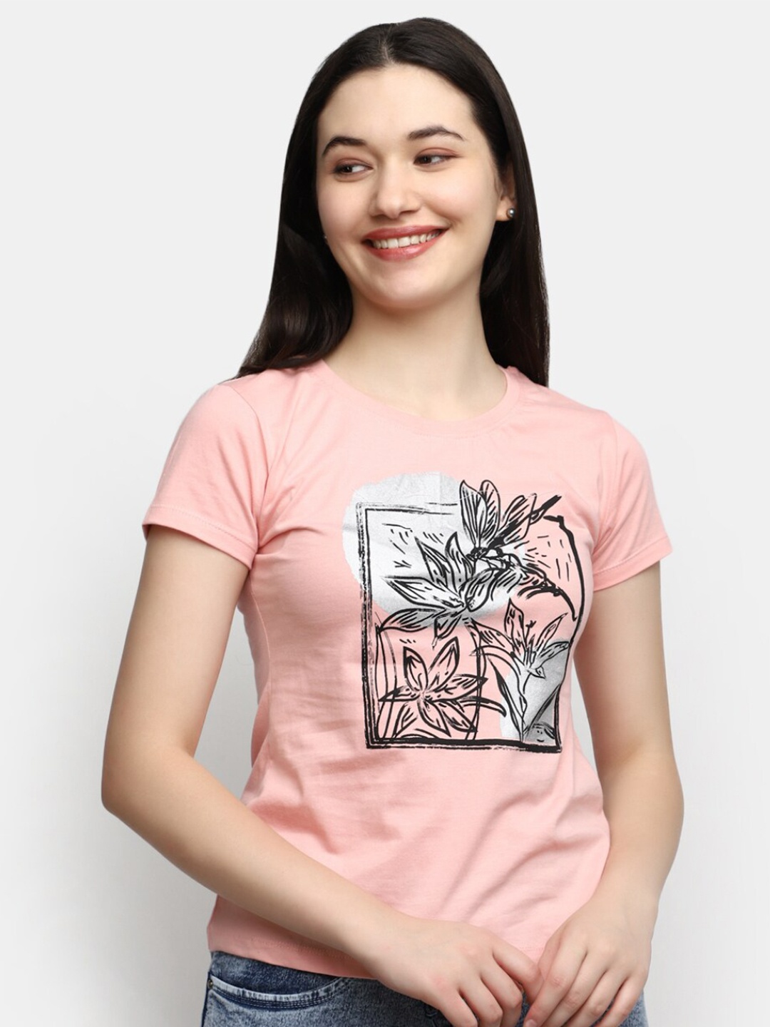 

V-Mart Floral Printed Cotton T-Shirt, Peach