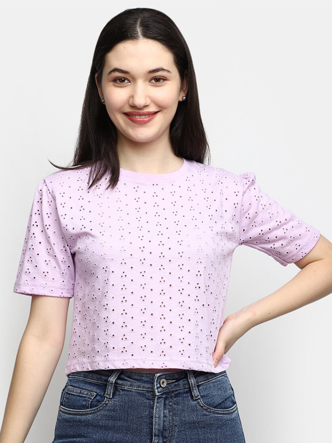 

V-Mart Women Self Design Round Neck Cotton Crop T-shirt, Purple