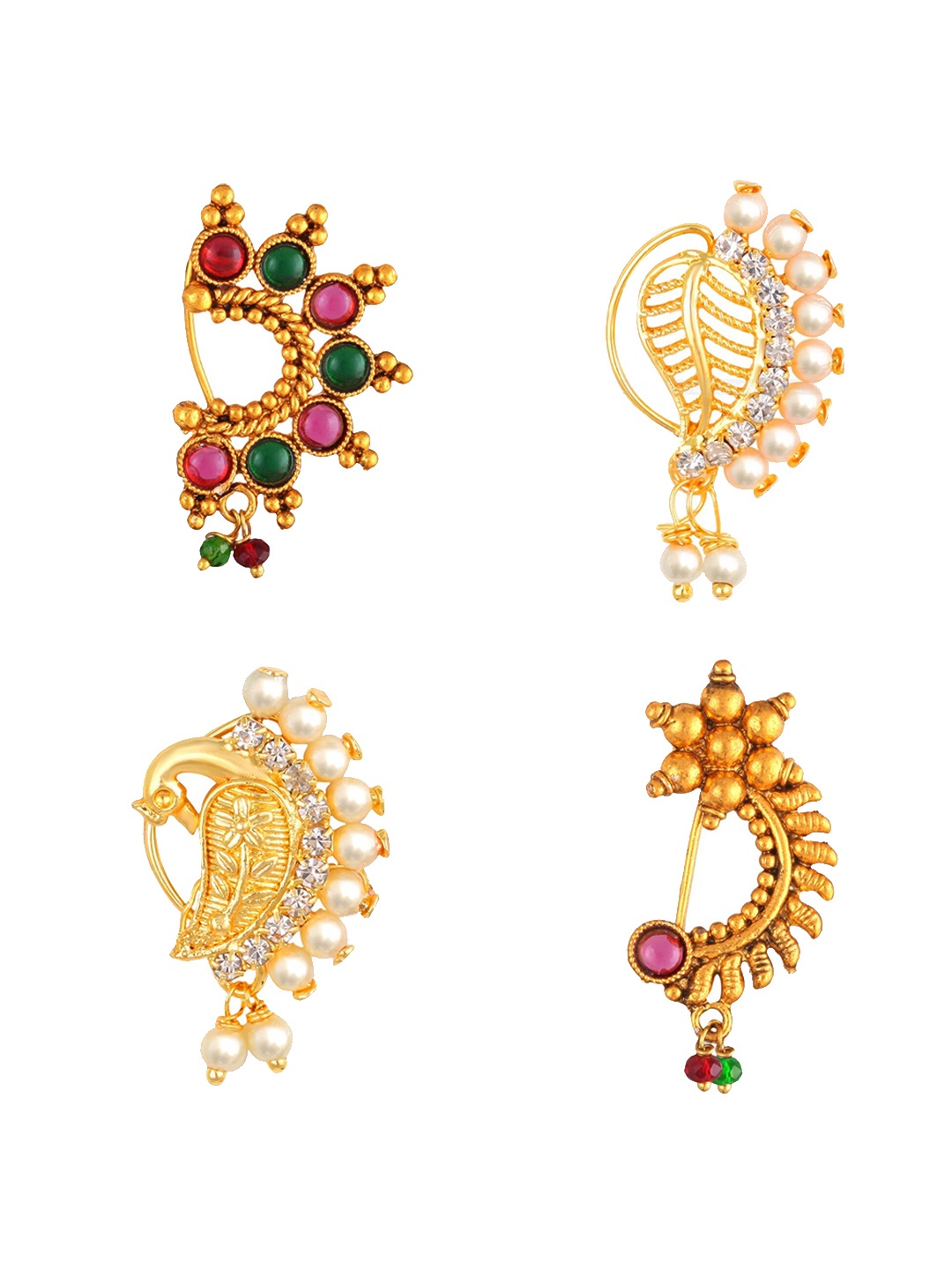 

Vighnaharta Set Of 4 Gold-Plated Stone Studded & Beaded Nosepins