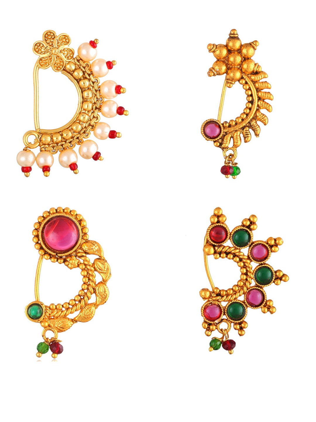 

Vighnaharta Set Of 4 Gold-Plated Stone-Studded Nose Ring