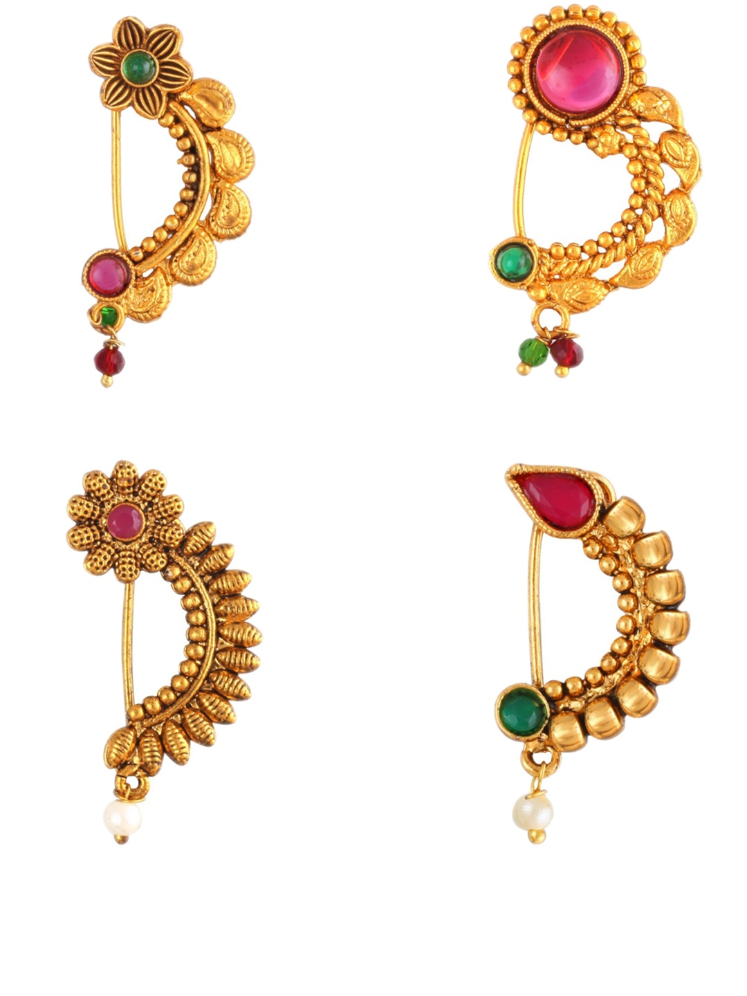 

Vighnaharta Set Of 4 Gold-Plated Stone-Studded Nose Pins