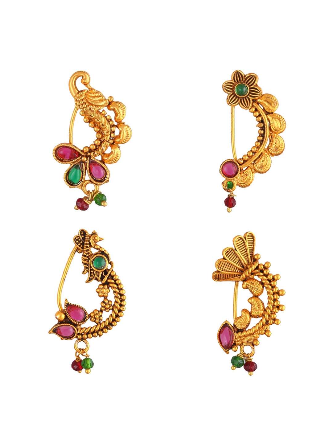 

Vighnaharta Set Of 4 Gold-Plated Stone-Studded & Beaded Nosepins