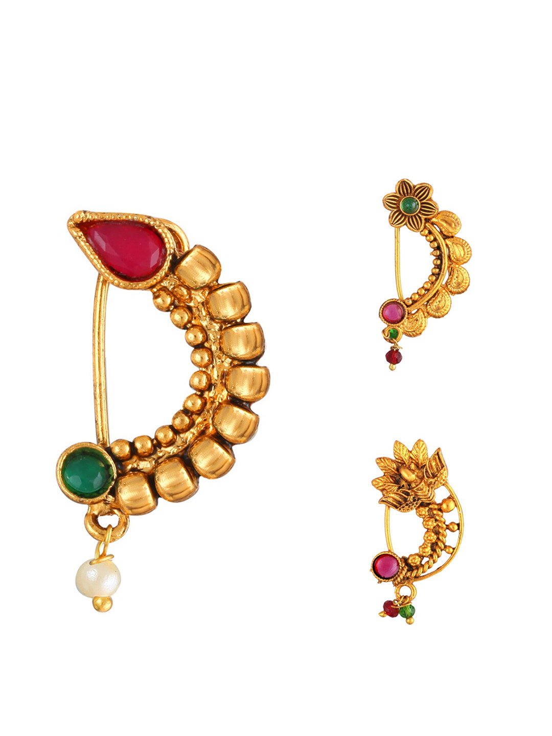 

Vighnaharta Set Of 3 Gold-Plated Stone-Studded & Beaded Beaded Nosepin