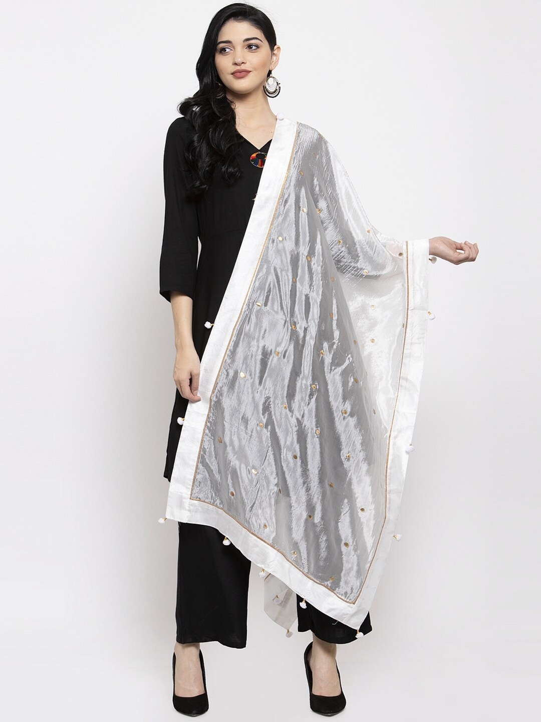 

Clora Creation Polka Dots Printed Pom-Pom Border Dupatta, White