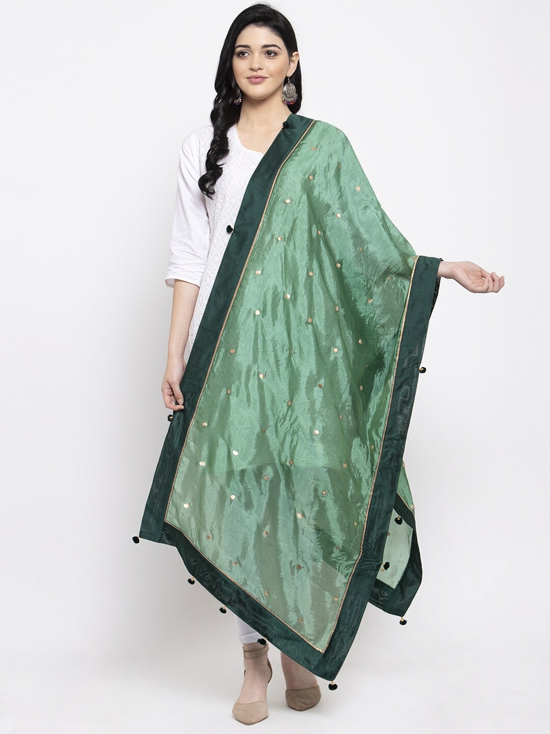 

Clora Creation Polka Dots Printed Pom-Pom Border Dupatta, Green