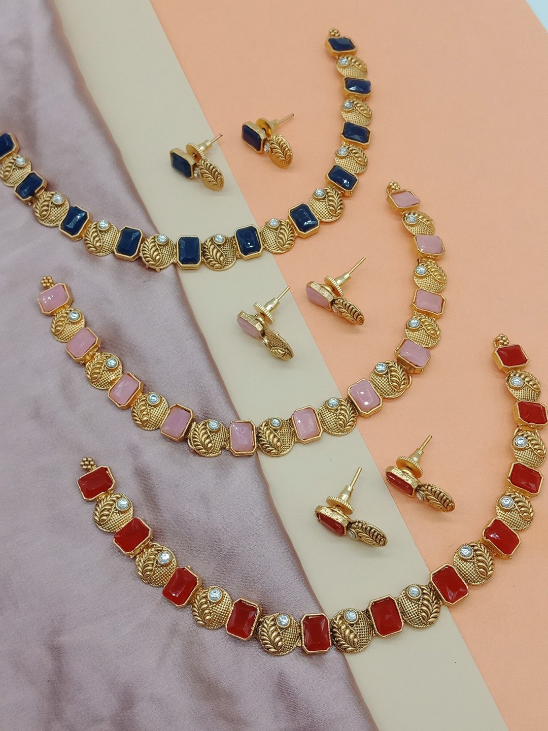 

AASHISH IMITATION Set Of 3 Gold-Plated Kundan-Studded Jewellery Set, Blue