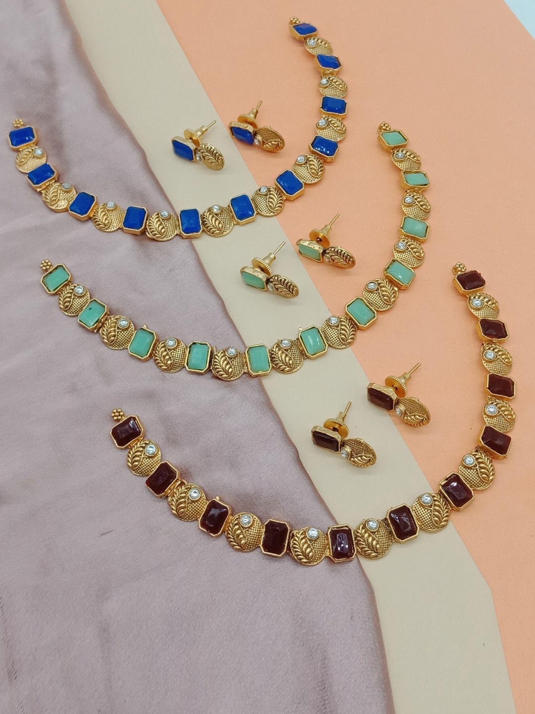 

AASHISH IMITATION Set Of 3 Gold-Plated Kundan-Studded Jewellery Set, Blue