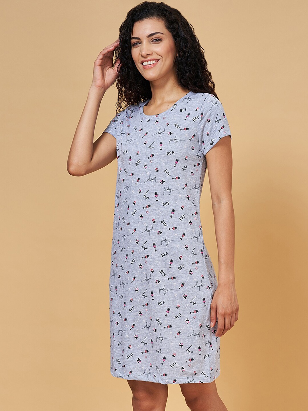 

YU by Pantaloons Conversational Printed Pure Cotton T-Shirt Nightdress, Grey