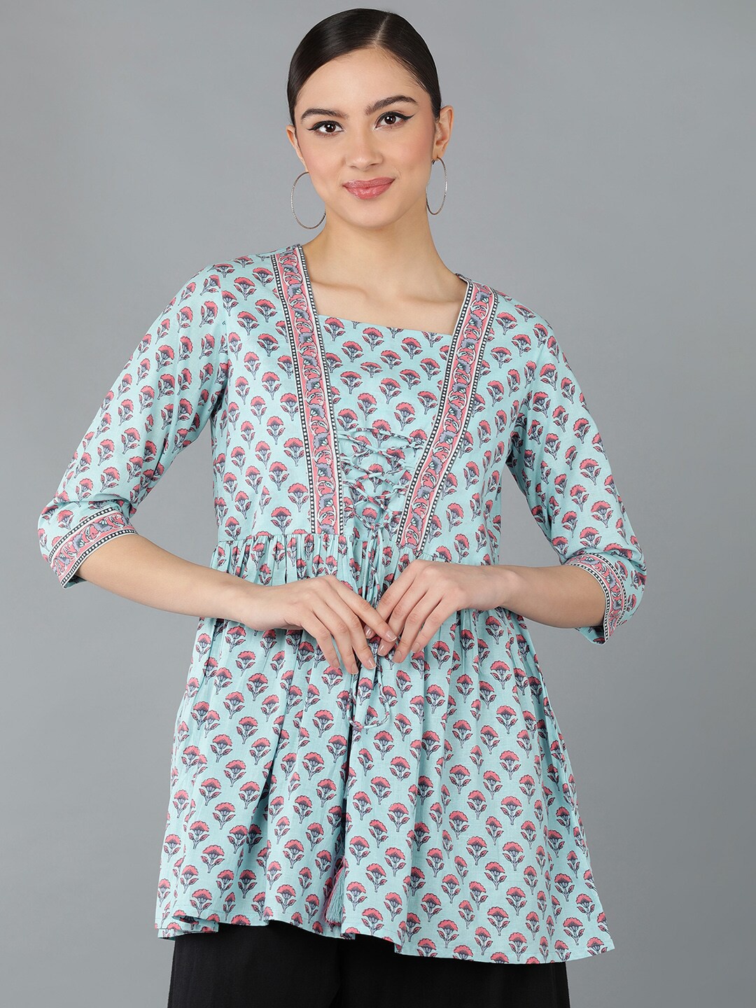 

Senyora Floral Print Cotton Flared A-Line Kurti, Blue