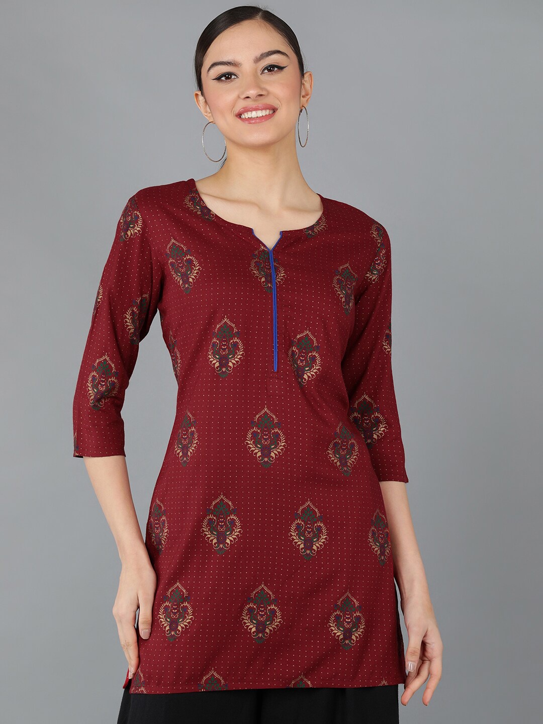

Senyora Ethnic Motif Print Straight Cotton Kurti, Maroon