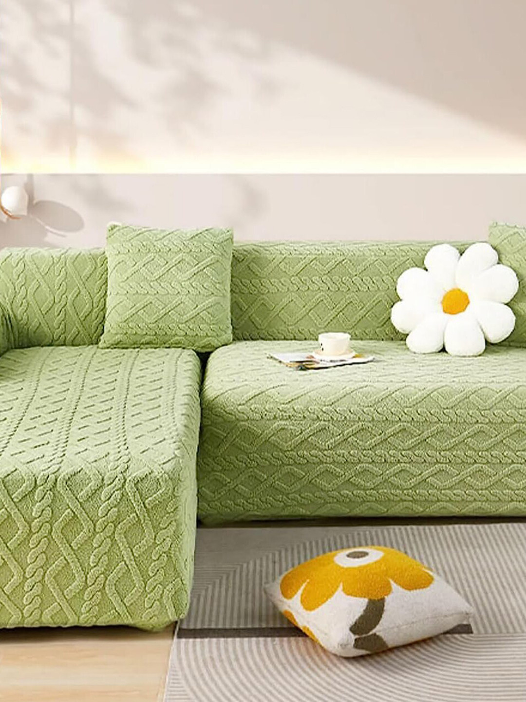 

HOUSE OF QUIRK Green Thick Jacquard Stretchable Double Seater Sofa Covers